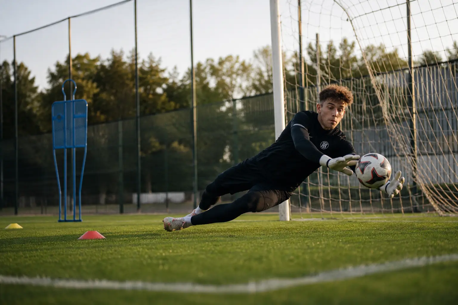Trening bramkarski w Krakowie z bramkarzem broniącym piłkę na murawie